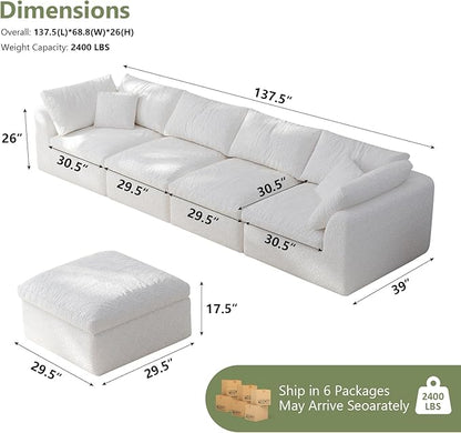 138" Boneless Cloud Couch Modular Sectional Sofa with Deep Seat for Living Room, L Shape Couch with Ottoman, Snowflake Cloth and 40D Memory Sponge，2 Throw Pillows (White, 4 Seater+4 Ottoman)