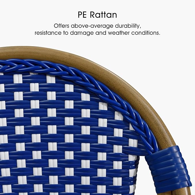 PURPLE LEAF French Counter Height Bar Stool Set of 2 25" Bamboo Print Finish Patio Bar Chairs with Back Rattan Bar Chairs French Bistro Set for Kitchen Outdoor Counter Stool Royal Blue
