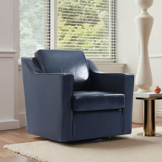 UIXE Faux Leather Swivel Accent Chair Set of 2, Upholstered Arm Chair for Living Room, Modern Club Armchair Comfy Single Sofa Bedroom Reading Seat with Lumbar Pillow - Navy Blue