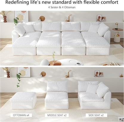 138" Boneless Cloud Couch Modular Sectional Sofa with Deep Seat for Living Room, L Shape Couch with Ottoman, Snowflake Cloth and 40D Memory Sponge，2 Throw Pillows (White, 4 Seater+4 Ottoman)