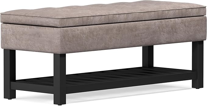 SIMPLIHOME Cosmopolitan 44 inch Wide Transitional Rectangle Storage Ottoman Bench with Open Bottom in Distressed Grey Taupe Vegan Faux Leather, Assembled for the Living Room and Bedroom