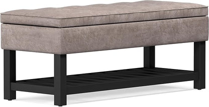SIMPLIHOME Cosmopolitan 44 inch Wide Transitional Rectangle Storage Ottoman Bench with Open Bottom in Distressed Grey Taupe Vegan Faux Leather, Assembled for the Living Room and Bedroom
