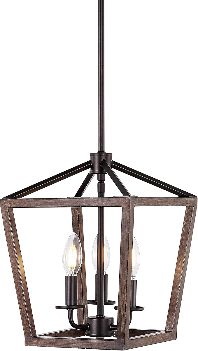 JONATHAN Y JYL1321A Pagoda 10" 3-Light Iron Farmhouse Industrial Lantern LED Pendant, Rustic, Bohemian, Coastal, for Dining Room, Kitchen, Living Room, Oil Rubbed Bronze/Faux Wood
