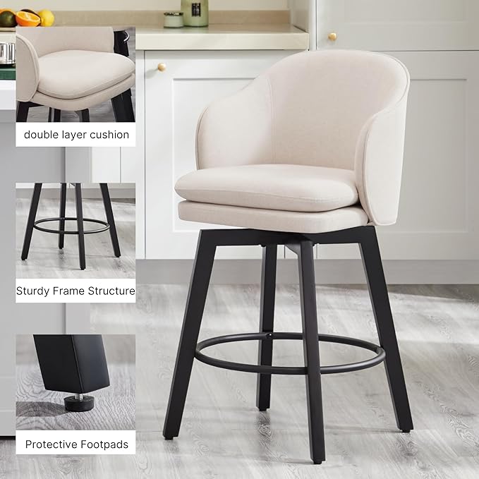 Counter Height Barstools 26 inch Upholstered Swivel Bar Stools with Back and Wood Legs for Kitchen Island,Set of 1,Beige Fabric