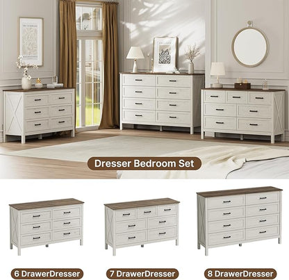 LYNSOM Farmhouse 8 Drawer Dresser for Bedroom, 55 Inch Wide Wood Rustic Chest of Drawers with X-Marking & Bar Handle, Large Storage Dressers Organizer for Bedroom, Living Room, Antique White