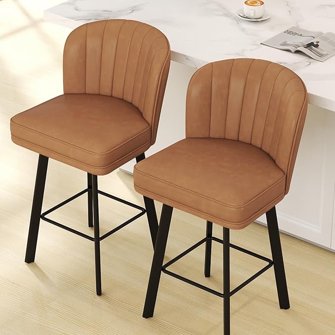 Swivel Counter Height Bar Stools Set of 3, 26'' Modern Barstools with Backs and Metal Legs, Upholstered Bar Chairs, Faux Leather Whiskey Brown Stools for Kitchen Island Chairs