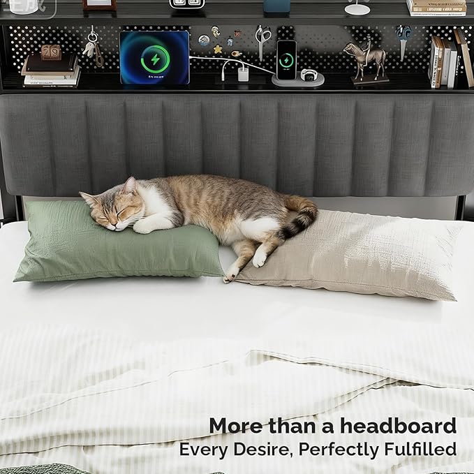 VINGLI Full Size Headboard Only, Adjustable Upholstered Headboard with 2 Tier Shelves and Pegboard with Charging Stations and LED Lights, Modern Bed Headboard with Storage for Bedroom Decor