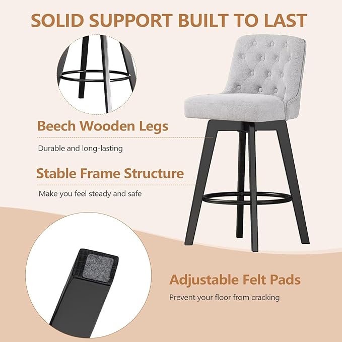 MINCETA Bar Stool, 30 Inch Upholstered Barstool with Low Tufted Back and Footrest, Swivel Counter Height Barstool for Kitchen Island Home Bar Performance Fabric Greige