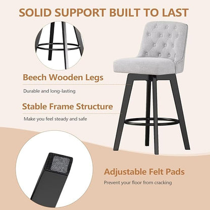 MINCETA Bar Stool, 30 Inch Upholstered Barstool with Low Tufted Back and Footrest, Swivel Counter Height Barstool for Kitchen Island Home Bar Performance Fabric Greige