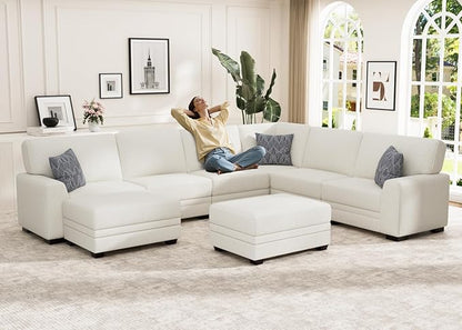 Wanderwell Oversized Modular Sectional Sofa, 8-Seater U Shaped Couches with Movable Ottoman,Corduroy Sectional Couch with Wide and Deep Seats Suitable for Living Room,Bedroom,Apartment (Cream, U-8)
