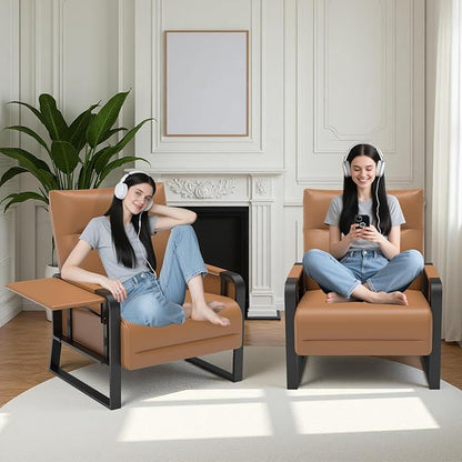 Faux Leather Accent Chairs Set of 2 with Flip Up Tray Tables Soft Backrest for Living Room Office Bedroom Modern Accent Chairs, Brown
