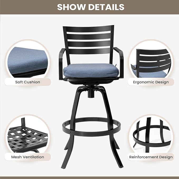 Pellebant 29.5" Outdoor Bar Stools Set of 2, Rust-Proof Aluminum Swivel Patio Chairs Bar Height with Back & Footrest, Tall Metal Barstools for Outside Deck Lawn Garden, Spectrum Denim