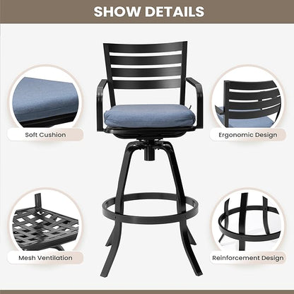 Pellebant 29.5" Outdoor Bar Stools Set of 2, Rust-Proof Aluminum Swivel Patio Chairs Bar Height with Back & Footrest, Tall Metal Barstools for Outside Deck Lawn Garden, Spectrum Denim