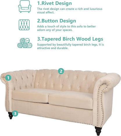 Chesterfield Loveseat Sofa, Modern Velvet Small Sofa Couch 2 Seater with Rolled Arms and Nailhead, Mid Century Modern Loveseat Couch for Small Spaces Living Room Bedroom Apartment, Beige