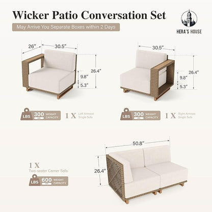 HERA'S HOUSE 4 Pieces Patio Furniture Set, Sectional Outdoor Rattan Wicker Sofa, All Weather Patio Conversation Set with 5.3" Widened Armrest, 10" Ultra Thick Comfy Sponge Cushion, Patio Couch