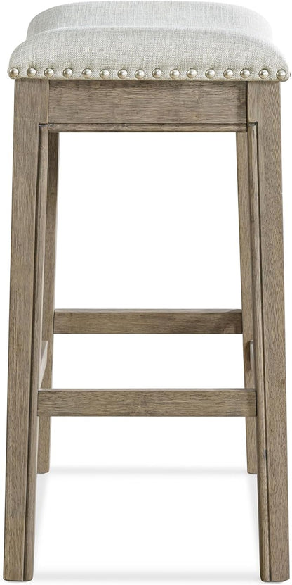 ROME + OAK Set of 2 Parker 26" Counter Stool, Backless Saddle Kitchen Barstool in Reclaimed Oak Finish with Ash Grey Fabric Upholstery Cushion Seat
