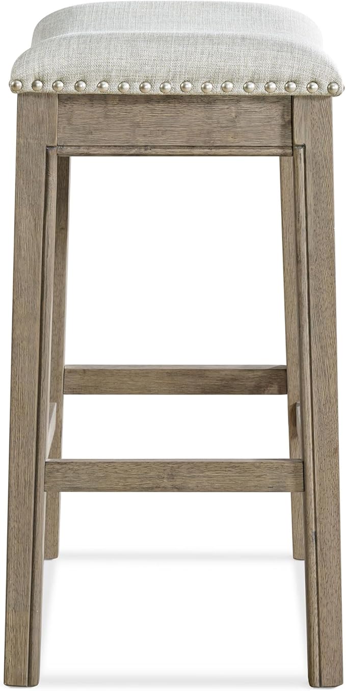 ROME + OAK Set of 3 Parker 26" Counter Stool, Backless Saddle Kitchen Barstool in Reclaimed Oak Finish with Ash Grey Fabric Upholstery Cushion Seat