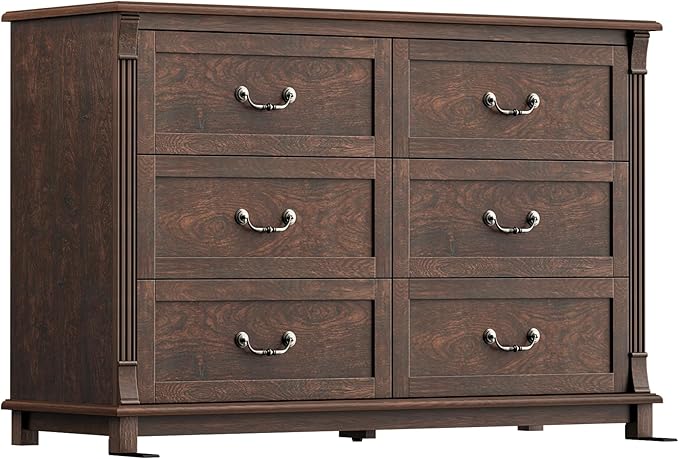 Amada 6 Drawers Dresser for Bedroom, Farmhouse 47" Wide Dresser & Chest of Drawers with Roman Column Design, Large Storage Organizer with 6 Drawer Sizes for Bedroom, Living Room