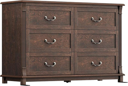 Amada 6 Drawers Dresser for Bedroom, Farmhouse 47" Wide Dresser & Chest of Drawers with Roman Column Design, Large Storage Organizer with 6 Drawer Sizes for Bedroom, Living Room