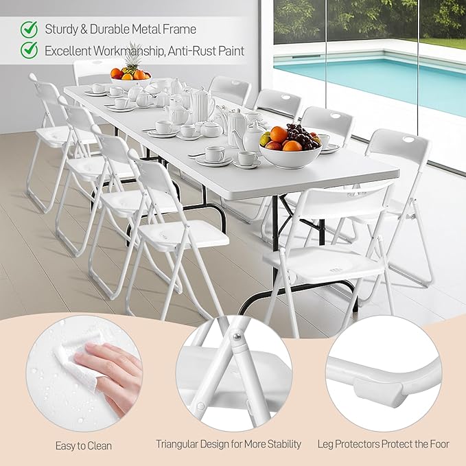 Karl home 10 Pcs Folding Chair, 300LBS Lightweight Foldable Plastic Chair, Reinforced Metal Frame Easy to Fold & Store for Indoor & Outdoor, Wedding, Party, Meeting Room, Patio and Garden, White