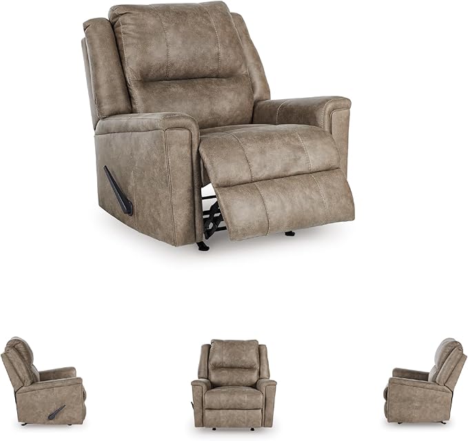 Signature Design by Ashley Skymaker Modern Faux Leather Manual Rocker Recliner with Track Arms, Light Brown