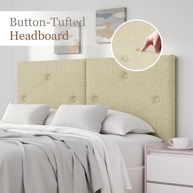 Modern Queen Headboard, Upholstered Linen Fabric Bed Headboard with Solid Wood & Sturdy Metal Legs, Tufted Adjustable Height Headboards in Button Design, Linen