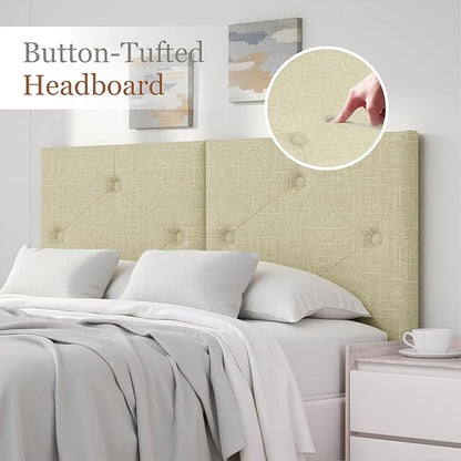 Modern Queen Headboard, Upholstered Linen Fabric Bed Headboard with Solid Wood & Sturdy Metal Legs, Tufted Adjustable Height Headboards in Button Design, Linen