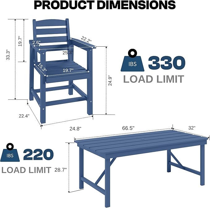 7 Piece Patio Dining Set with 11ft Patio Umbrella (Royal Blue), 7 Navy Outdoor HDPE Dining Set with 6 Chairs + 1 Large Table, for Market, Pool, Garden, Backyard, Deck