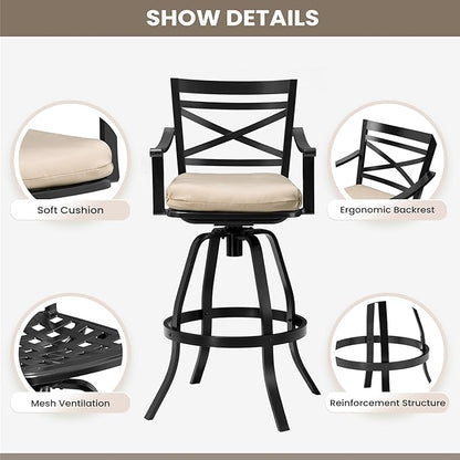 Pellebant 4 Pack Sunbrella Outdoor Bar Stools 30", Aluminum Swivel Patio Bar Height Bar Stools with Footrest and Backrest, for Deck Lawn Garden(Canvas Antique Beige)