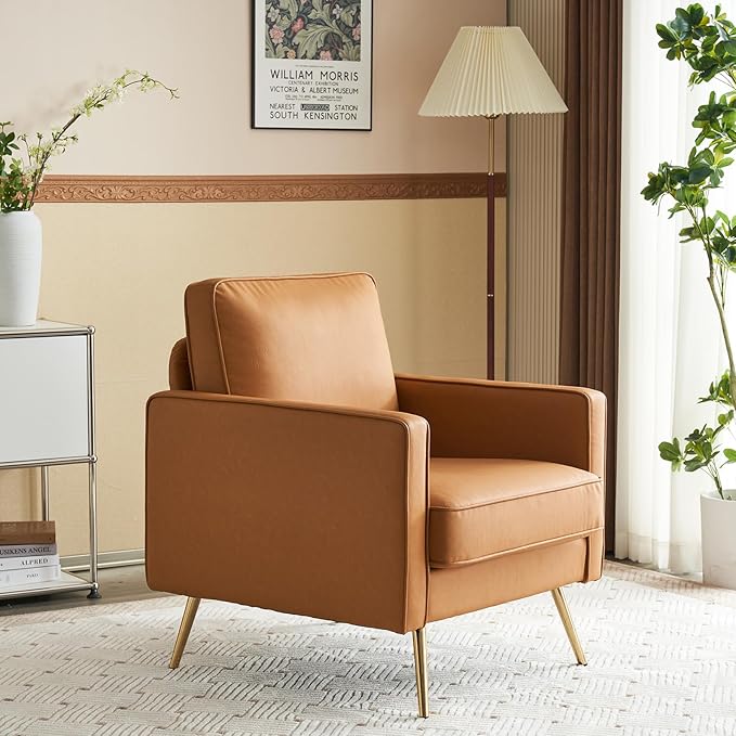 VINGLI Living Room Chairs Set of 2, Brown PU Leather Accent Chair Mid Century Modern Upholstered Sofa Chairs with Arms, Gold Legs for Living Room, Bedroom, Apartment