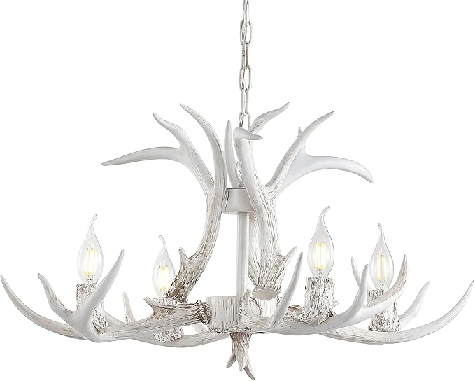 JONATHAN Y JYL6301B Eldora 26" Adjustable Resin Antler 4-Light LED Chandelier, Glam, Rustic,Cottage,Transitional, Dimmable Dining Room, Living Room, Kitchen, Foyer, Bedroom, White