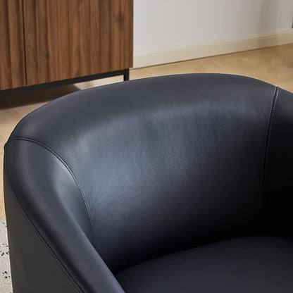 AEDI Genuine Leather Swivel Accent Chair with Solid Wood Base, Upholstered Barrel Armchair for Living Room, Modern Small Club Chair,Dark Blue
