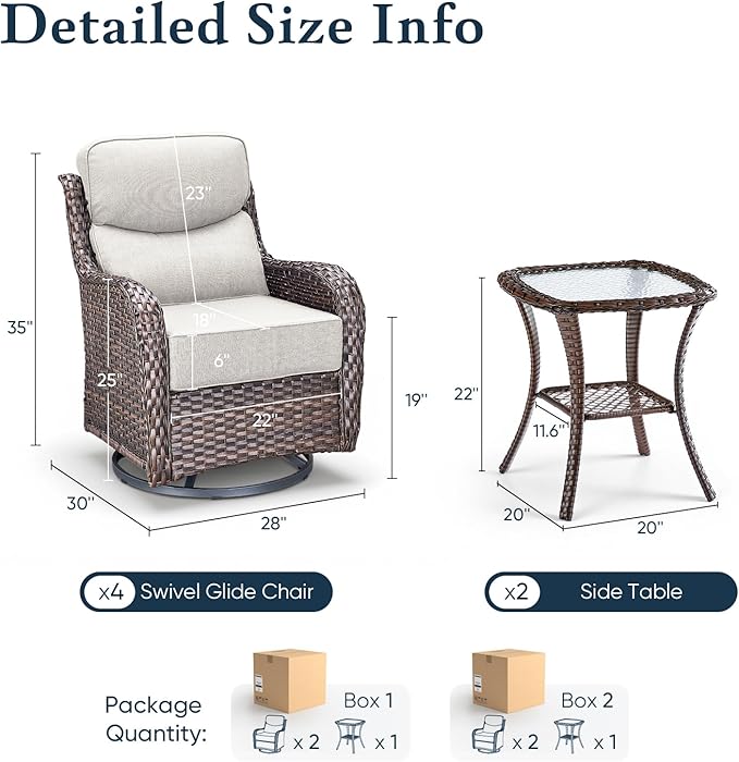 Belord Luxury 6" Thick Cushioned Outdoor Swivel Rocker Patio Chairs Set of 4 with Side Table, High Back Wicker Furniture Set with Ergonomic Zone Back, Conversation Set for Deck Porch - Brown+Beige