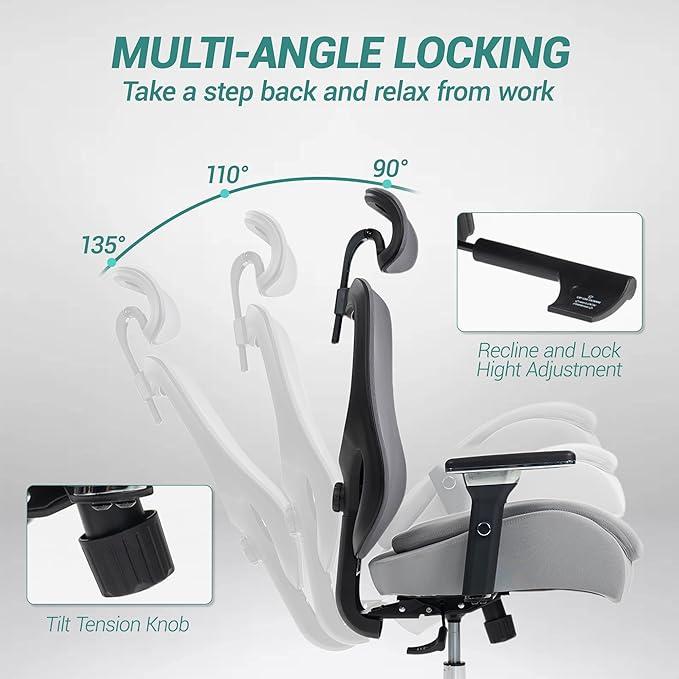 450 LBS Big and Tall Office Chair, Heavy Duty Executive Chair w/4D Arms, Ergonomic Computer Home Desk Chair, Swivel Mesh Chair w/2D Lumbar Support, Adjustable Headrest, Tilt Lock-Grey