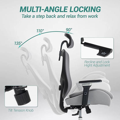 450 LBS Big and Tall Office Chair, Heavy Duty Executive Chair w/4D Arms, Ergonomic Computer Home Desk Chair, Swivel Mesh Chair w/2D Lumbar Support, Adjustable Headrest, Tilt Lock-Grey