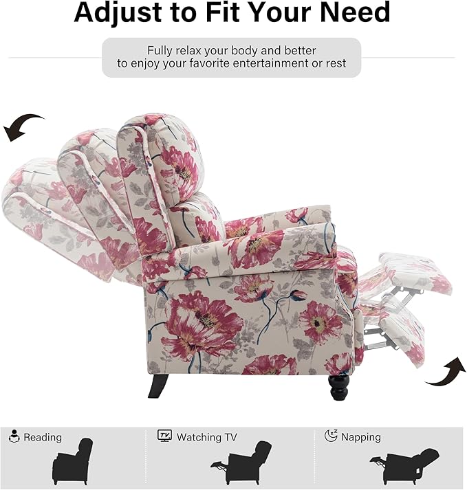 Recliner Chair, Modern Pushback Armchair with Adjustable Backrest & Footrest for Bedroom, Living Room (Pattern Floral,Set of 1)