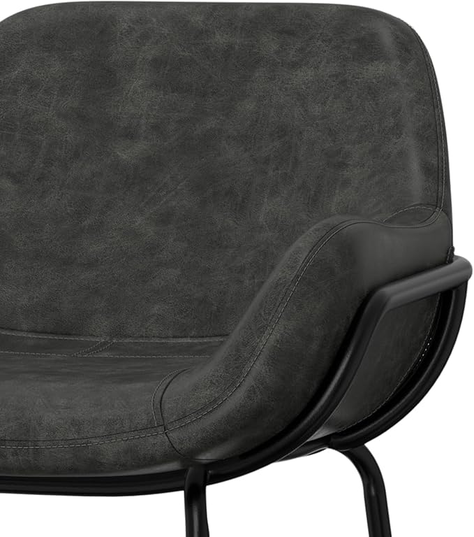 SIMPLIHOME Mira Bar Stools (Set of 2) - 30 inch Seat Height Upholstered Metal Bar Chairs in Distressed Slate Grey Vegan Faux Leather, Contemporary Seating with Curved Cushioned Seat and Armrests