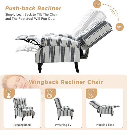 HULALA HOME Upholstered Wingback Recliner Chair, Small Adjustable Footrest Push Back Single Reclining Sofa, Mid Century Modern Lounge Armchair for Living Room, Bedroom, Reading/Stripe Black