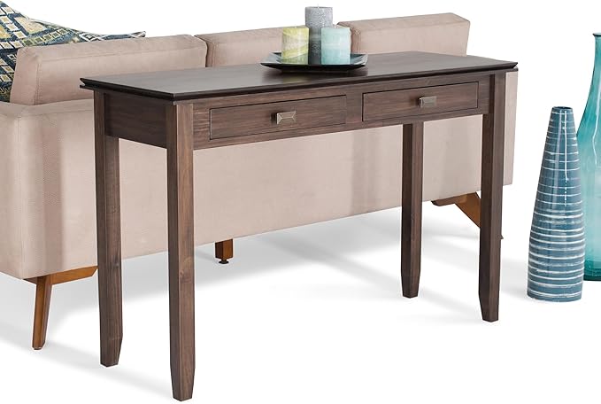 SIMPLIHOME Artisan Console Table - 46 Inch Wide Solid Wood Sofa Table in Natural Aged Brown, Transitional Storage Table for Entryway or Living Room with 2 Drawers and Clean Angle-Edged Top
