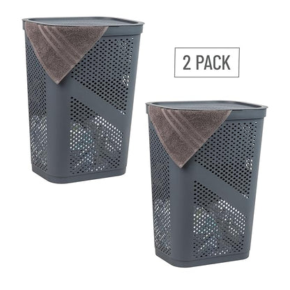 Mind Reader 60L Slim Laundry Hamper, Clothes Basket, Lid, Ventilated, Plastic, Set of 2, Gray