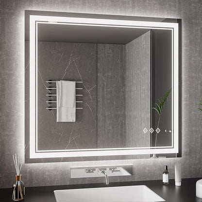 Bathroom Mirrors for Wall, 40x36 Inch Gradient Front and Backlight Lighted Mirror, 3 Colors Dimmable CRI>90 Double Lights, IP54 Enhanced Anti-Fog, Hanging Plates Wall Mount Smart Mirror