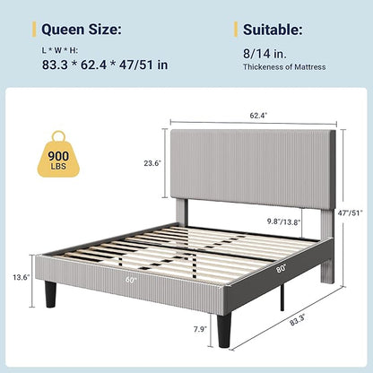 Allewie Queen Size Upholstered Bed Frame with Vertical Channel Tufted Headboard, Soft Corduroy Fabric Platform Bed, Strong Wooden Slats Support, Easy Assembly, No Box Spring Needed, Light Grey