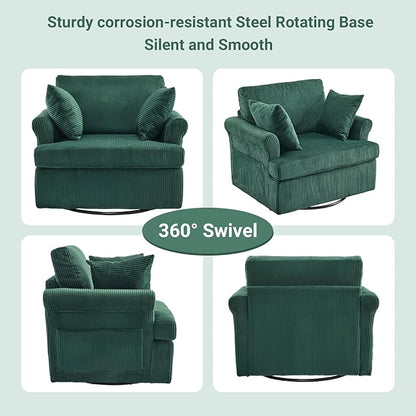 Karl home Swivel Accent Chair Set of 2, 39" Oversized Armchair W/2 Pillows and 4 Pockets,Modern Corduroy Barrel Chairs,Comfy Single Sofa for Living Room,Reading,Bedroom and Office-Dark Green