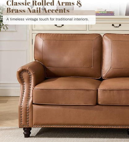 Kingfun 3 Seater Sofa, Mid-Century Modern Faux Leather Couch Set for Living Room, Brown with Rolled Arms & Nailhead Trim, Easy Assembly