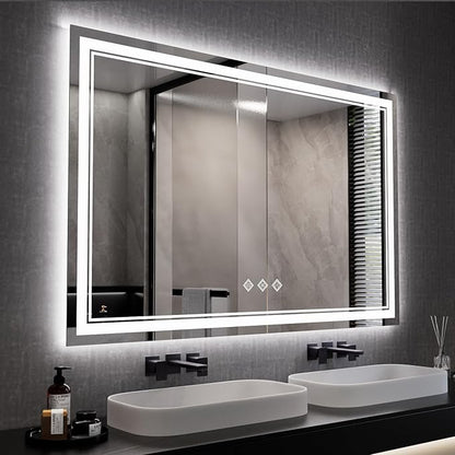 LED Mirror, 55x36 Inch Gradient Front and Backlit Lighted Bathroom Mirror, 3 Colors Dimmable CRI>90 Double Lights, IP54 Enhanced Anti-Fog, Hanging Plates Wall Mount Bathroom Mirror