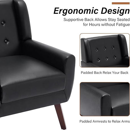 Lumibee Accent Chairs Set of 2, Modern Faux Leather Armchairs for Living Room, Comfy Upholstered Arm Chairs Tufted for Indoor Bedroom Office Room (P Black)