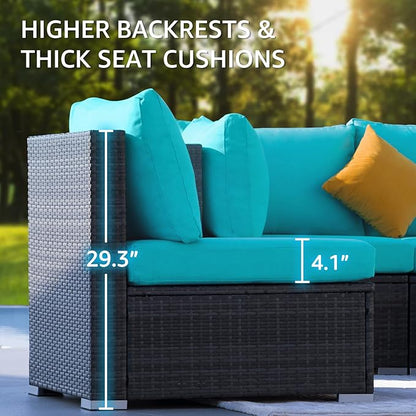 NICESOUL 7 Piece Large Modern Patio Furniture Set with Propane/Gas Firepit Table, 29.3'' High Back Comfy Wicker Sectional Sofa Couches with Fire Pit, Outdoor Deep Conversation, Fade-Proof, Turquoise