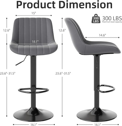 Youhauchair Bar Stools Set of 2, Swivel Counter Height Barstools with Back, Adjustable PU Leather Bar Chairs, Modern Armless Kitchen Island Stool, Dark Grey