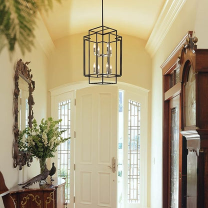 High Ceiling Foyer Chandelier: 8-Light Farmhouse Lantern Chandeliers for Entryway Industrial Large Pendant Light Fixtures for Entry Staircase Hallway Dining Room Kitchen Island, Black & Silver