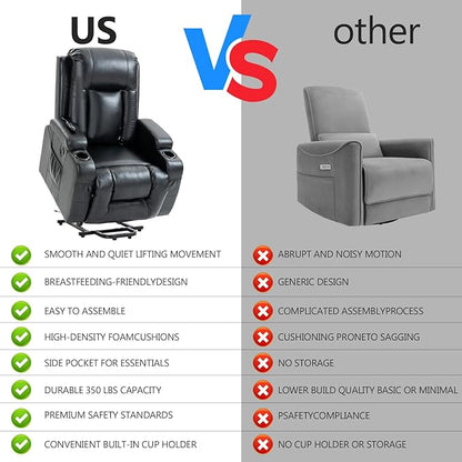 PELUMY Manual Lift Recliner Chair for Elderly with Massage & Heat, Oversized Heavy Duty 350 lbs Recliner with Cup Holders & USB Ports, Infinite Positioning Lift Chair (Breathable Leather, Black)